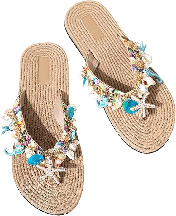 MakeMeChic Women's Seashell Starfish Summer Beach Shoes Open Toe Boho Flip Flops Flat Sandals | Amazon (US)