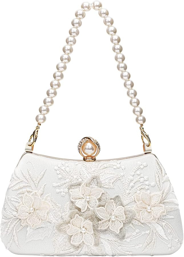 Premium Floral Lace Satin Pearl Top Handle Clutch Handbag With Detachable Chain flower wedding Br... | Amazon (US)