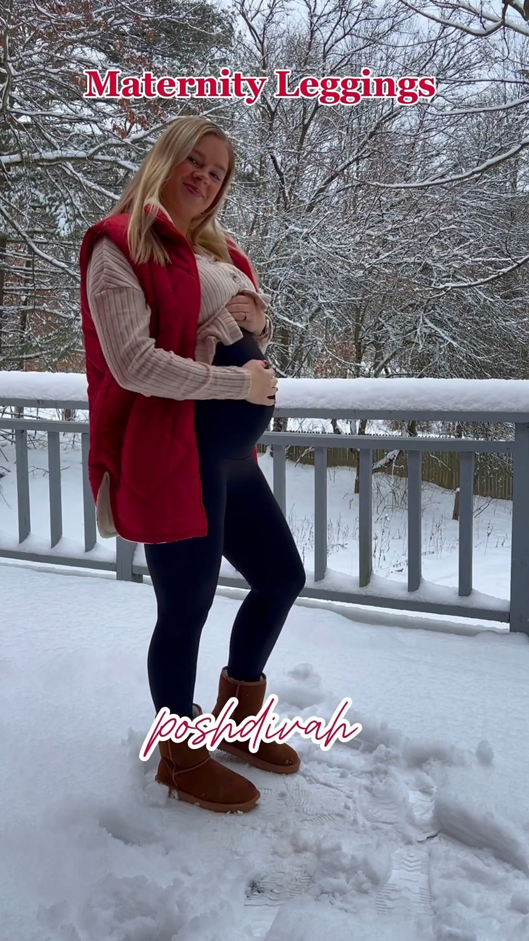 Maternity winter outfit! Cozy fleece lined red vest, stretchy maternity black leggings with pockets, ribbed button up knit top that is breastfeeding friendly, winter fuzzy suede boot 

#LTKBump #LTKmomlife