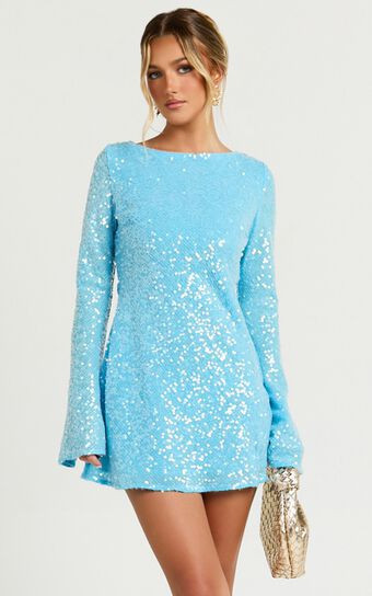 Bertina Mini Dress - Sequin Scoop Neck Low Back Dress in Blue | Showpo (US, UK & Europe)