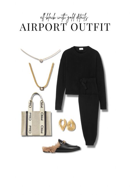 Chic cosy outfit airport outfit for Dubai. Black knit set, Gucci princetown loafers, Chloe woody tote (the perfect carry on!) & gold jewellery details  

#LTKtravel #LTKstyletip #LTKeurope