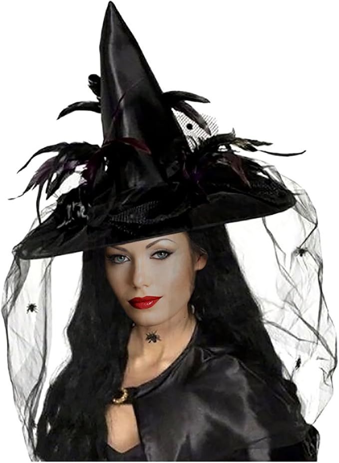 Goetland Women Deluxe Witch Hat Halloween Costume Sharp Pointed with Veils Spiders Feathers for P... | Amazon (US)