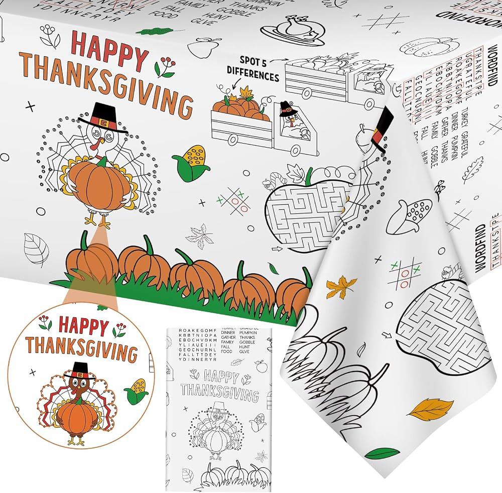 Happy Thanksgiving Coloring Tablecloth for Kids-Giant Thanksgiving Paper Activity Table Cover, Ju... | Amazon (US)
