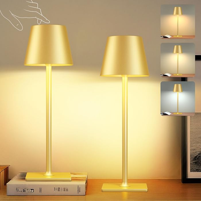 2 Pack Gold Cordless Table Lamp - 6000mAh Battery Operated Touch Lamp with 3 Color Stepless Dimmi... | Amazon (US)