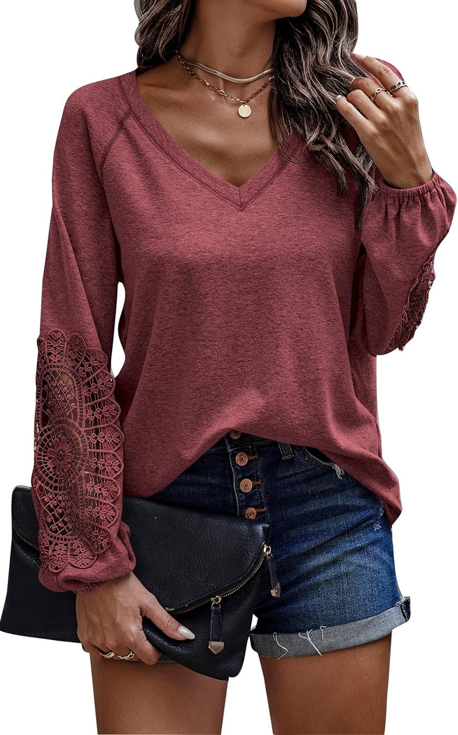 PRETTYGARDEN Women's Lace Long Sleeve V Neck Pullover Sweatshirts Loose Fit Blouses Casual Tunic ... | Amazon (US)
