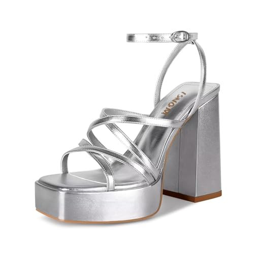 ISNOM Platform Heels for Women Silver Heels for Women Chunky Platform Heels Silver Chunky Heels for Women Silver Strappy Heels High Heels Block Heel Sandals for Women Square Toe Heels for Women | Amazon (US)
