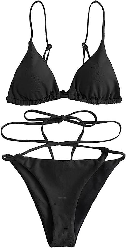 ZAFUL Women's Textured Tie String Bikini Swimwear Triangle Smocked Bikini Cheeky Brazilian Swimsu... | Amazon (US)