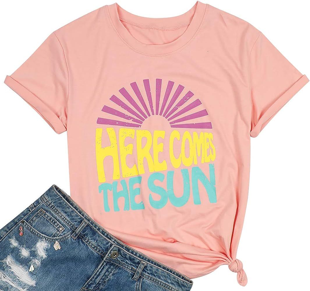 Here Comes The Sun Shirt for Women Cute Sunshine Graphic Tee Funny Letter Print Tee T Shirt | Amazon (US)