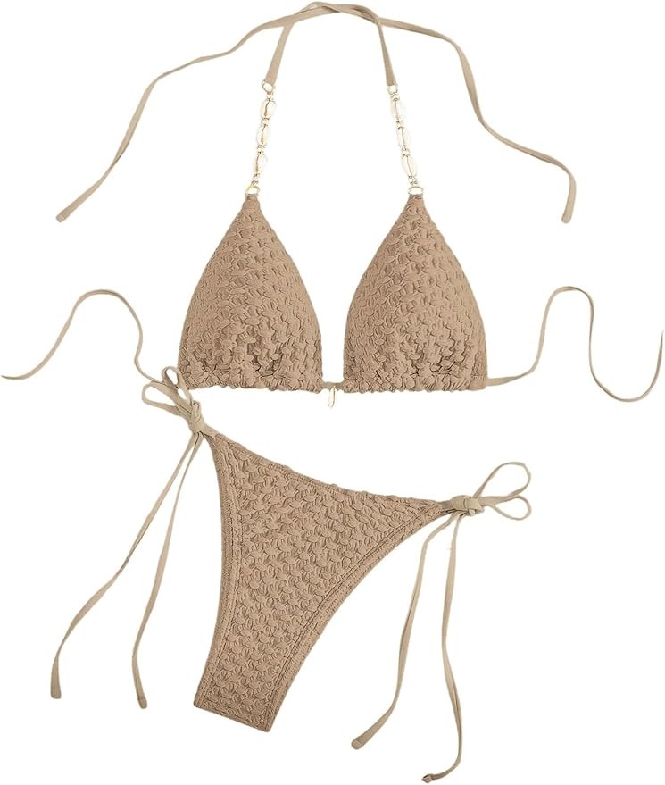 COZYEASE Women's 2 Piece Bikini Sets Smocked Halter Triangle Top Tie Side Bottom Swimsuit Bathing... | Amazon (US)