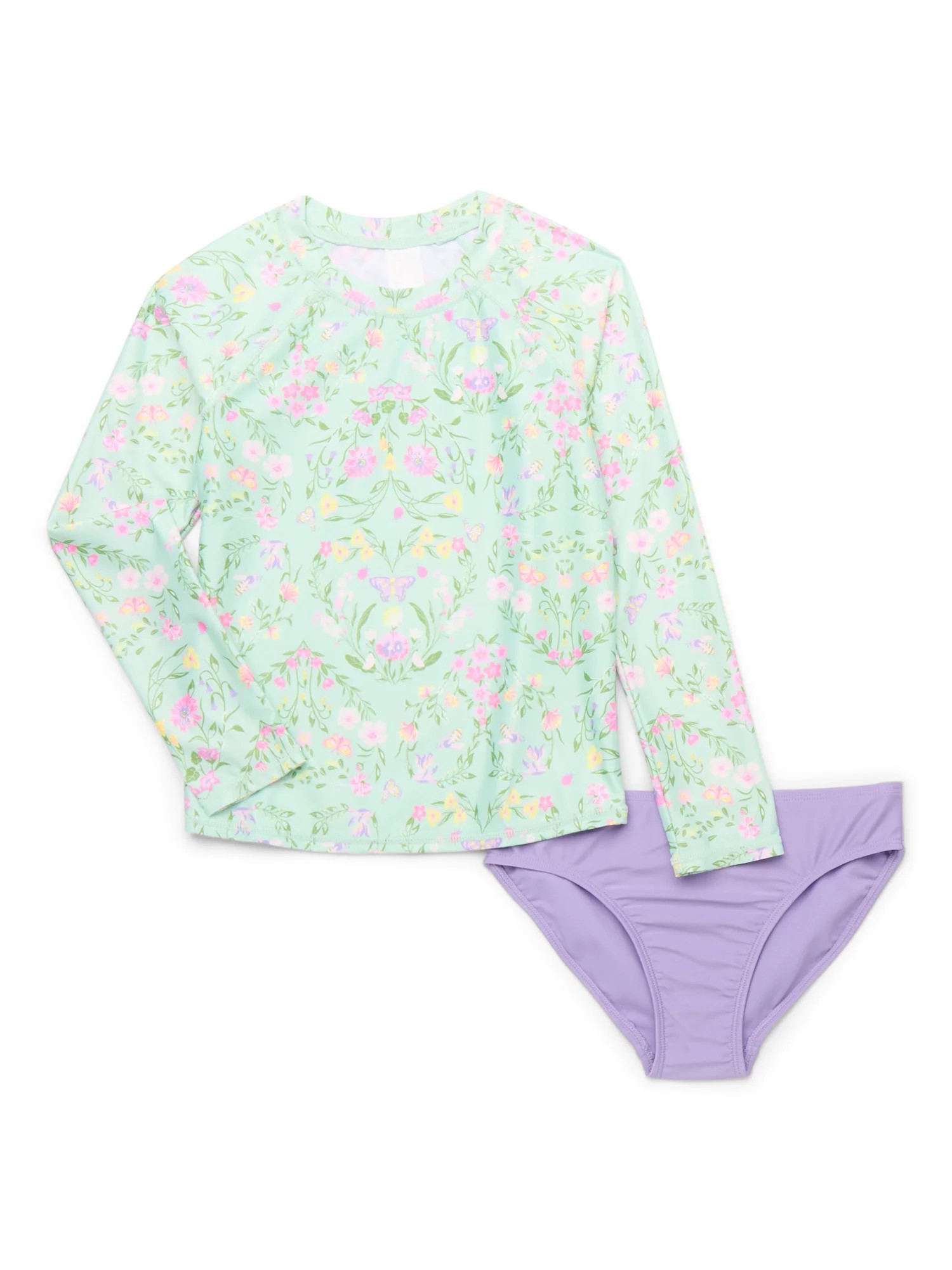 Wonder Nation Girls Rash Guard and Bottoms Swimsuit Set with UPF 50+, 2-Piece, Sizes 4-18 & Plus | Walmart (US)