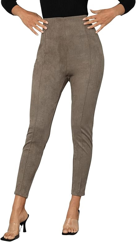 SweatyRocks Women's High Waisted Soft Slim Casual Pants Solid Suede Leggings | Amazon (US)