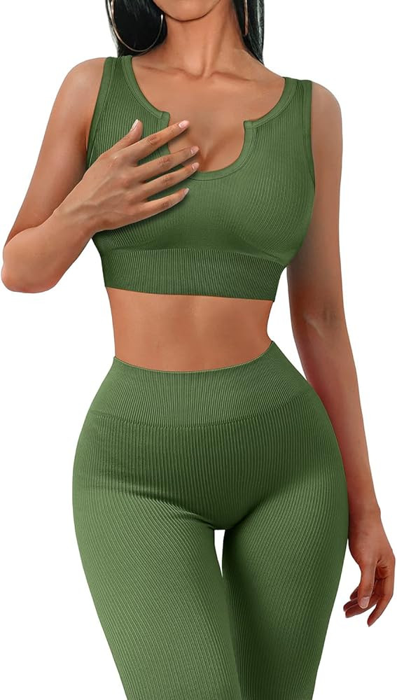 JZC Yoga Workout Outfits for Women 2 Piece Ribbed Seamless Sports Exercise Sets | Amazon (US)