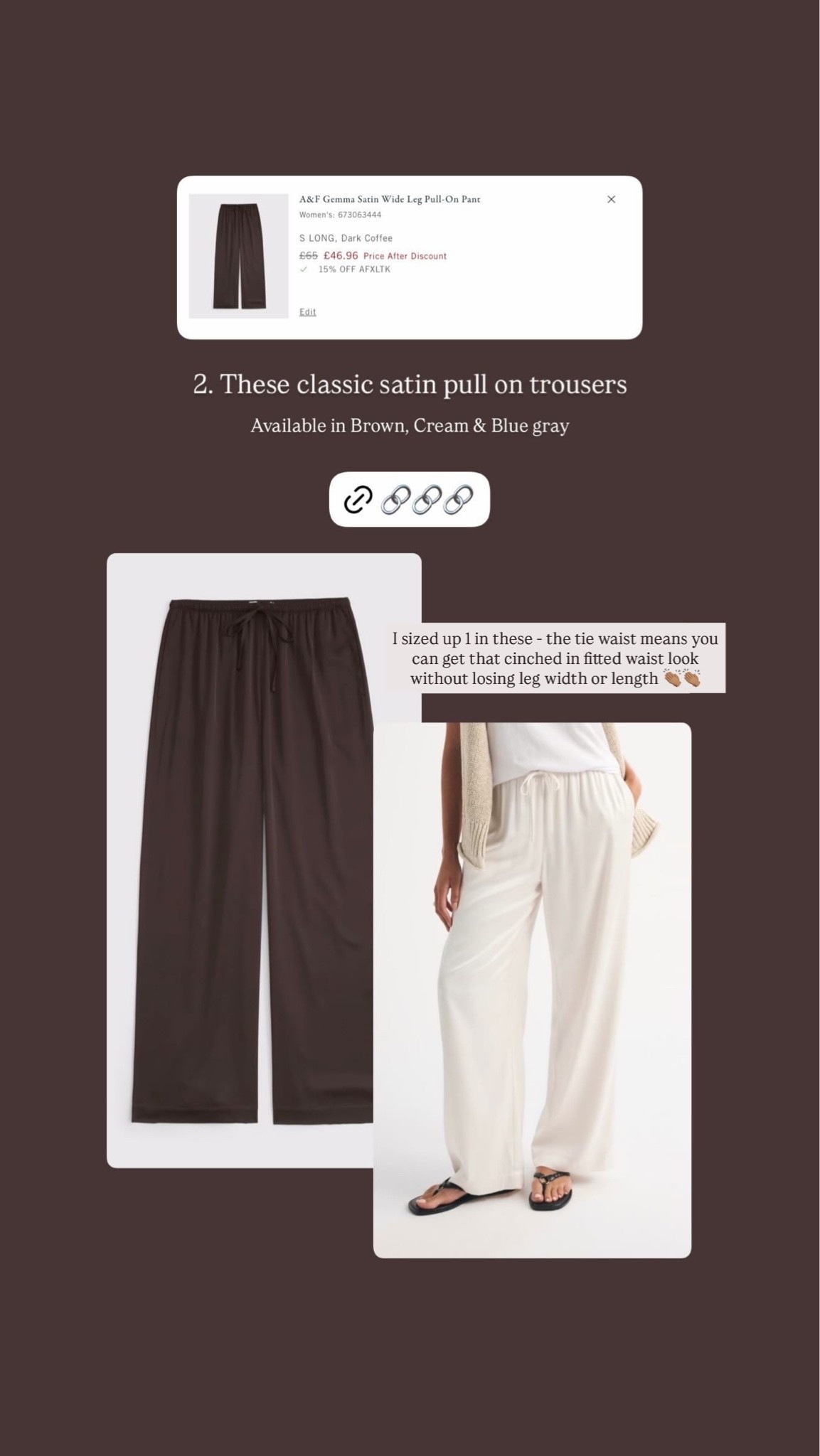 Abercrombie sale - Code AFXLTK for extra discount - I wear size Medium Long in the satin trousers

#LTKuk #LTKautumn #LTKstyletip