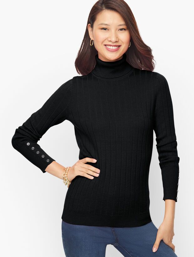 Ribbed Button Cuff Turtleneck Sweater | Talbots