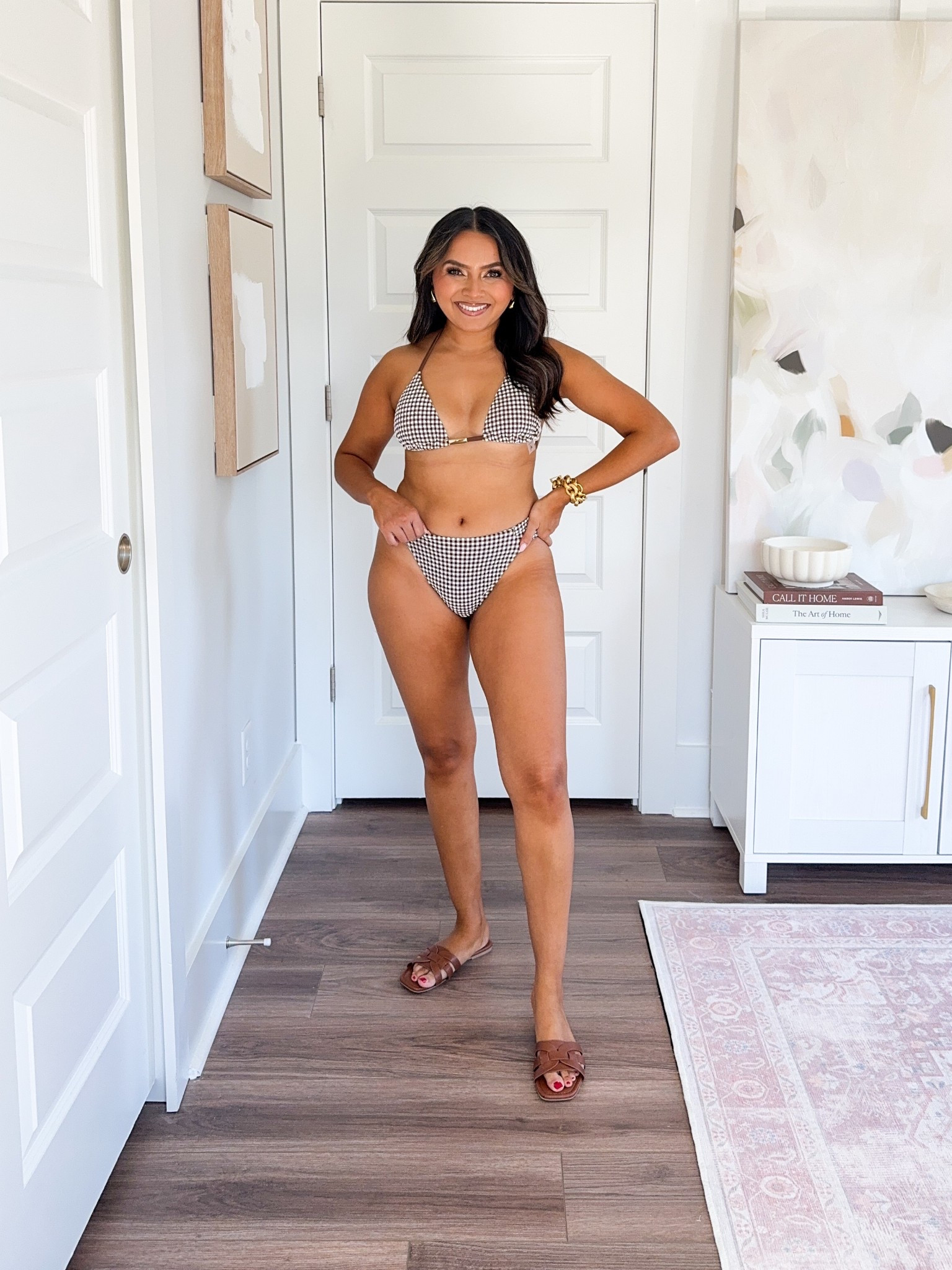 Brown gingham Swimsuit top size xs TTS
Brown gingham swimsuit bottom size small TTS
Brown sandals - old, similar linked


#LTKSpringSale #LTKSwim #LTKPetite