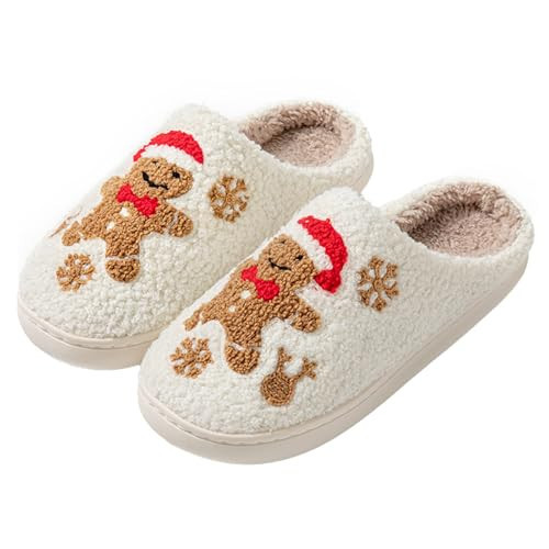 Bolukets Christmas Slippers - Elk Slide Slippers for Women & Men, Soft Plush, Warm Winter, Non-Slip House Shoes, Snowflake & Gingerbreadman Pattern, Size 40/41 | Amazon (UK)