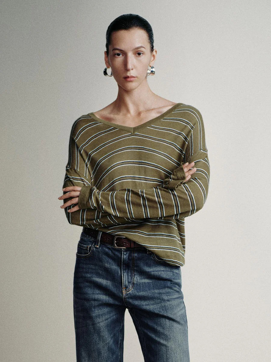 Striped V-Neck Knitted T-Shirts | Urban Revivo