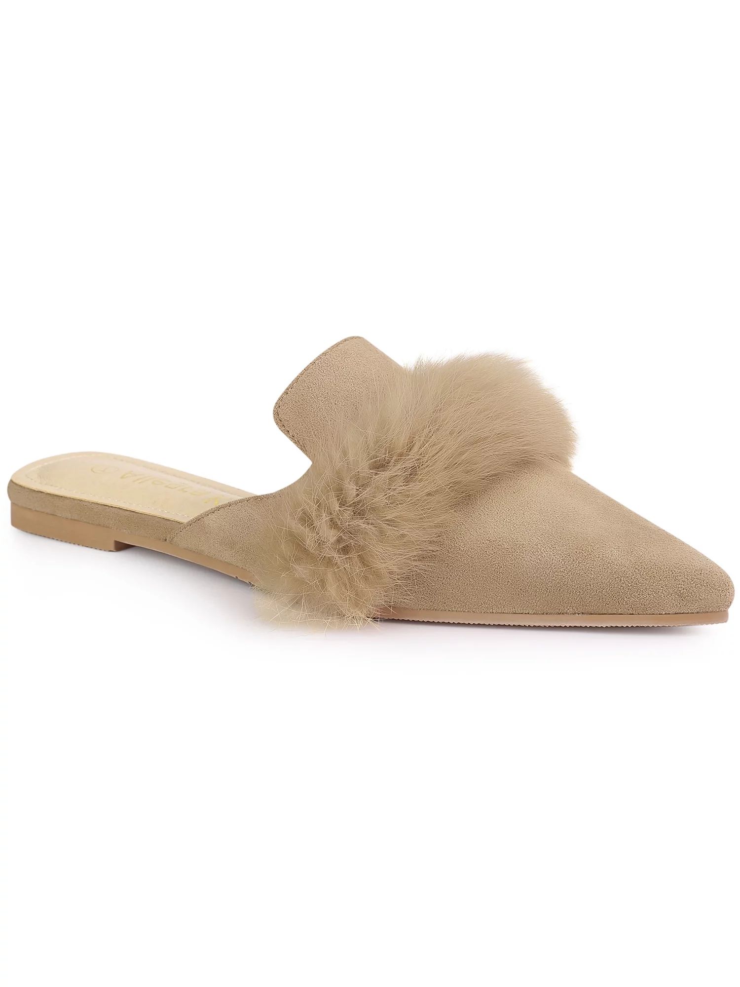 Allegra K Women's Shoes Soft Fur Decor Pointed Toe Slip on Flat Slide Mules | Walmart (US)
