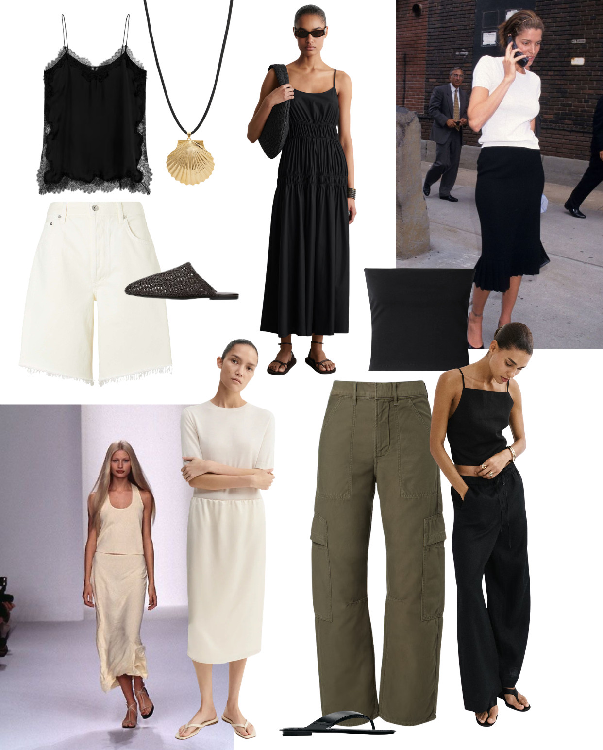 The May Issue Colour Palette 

black lace cami, lace trim camisole, black satin cami, lace hem top, gold shell necklace, shell pendant necklace, cord necklace gold, white denim shorts, longline denim shorts, bermuda shorts women, white bermuda shorts, frayed hem shorts, woven mule, flat woven mule, dark woven slide, black maxi dress, ruched maxi dress, gathered maxi dress, black strappy maxi, white midi dress, white t-shirt dress, crew neck midi dress, ivory midi dress, khaki cargo trousers, wide leg cargo pants, utility trousers women, black cargo trousers, black wide leg trousers, black square neck cami, strappy crop top, black mule sandals, flat black sandals, fishtail midi skirt, black midi skirt, white t-shirt outfit, minimal fashion aesthetic, quiet luxury fashion, runway inspired outfits, SS25 trends, spring summer 2025 fashion 

 #LTKsummer #LTKeurope #LTKdresses