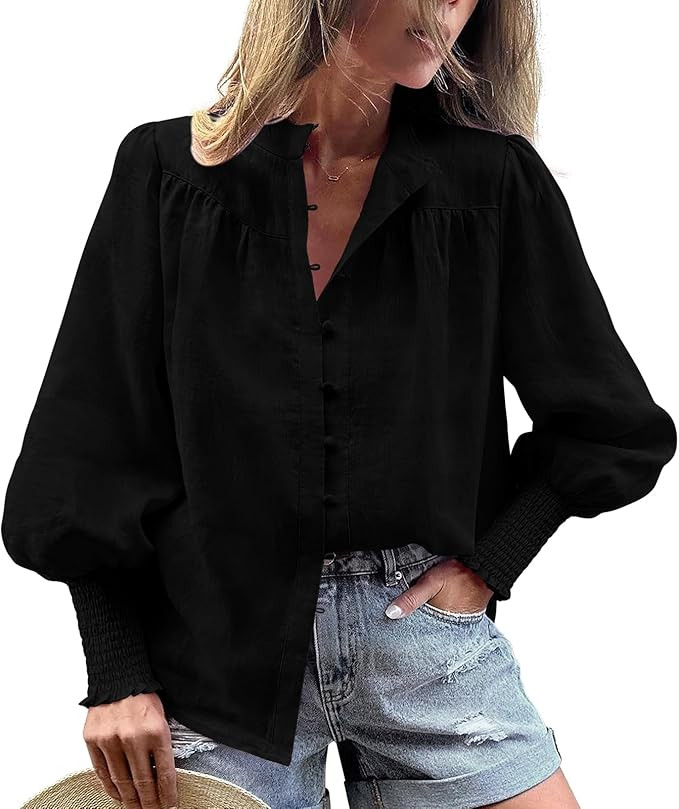 PRETTYGARDEN Womens Button Down Shirts Lantern Long Sleeve Blouses Dressy Casual Smocked Cuffed O... | Amazon (US)