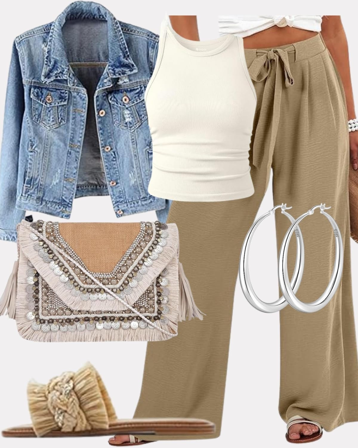 Effortless Neutral Outfit Inspo 🤍 Casual Chic Summer Look with Denim Jacket

This easy, everyday outfit is the perfect mix of comfy and chic. Featuring flowy tan wide-leg pants, a fitted neutral tank, and a classic denim jacket, this look is ideal for running errands, grabbing coffee, or casual outings. Paired with woven sandals, a statement fringe clutch, and simple hoop earrings, it gives that effortless “put together without trying” vibe. Save this for your go-to spring and summer outfit inspo!

#casualoutfit #everydaystyle #neutraloutfits #summeroutfitideas #springstyle #amazonfashion #effortlessstyle #chiccasual #widelegpants #denimjacketoutfit #outfitinspo #momstyle #simplefashion #capsulewardrobe #affordablefashion #amazonfinds #styleinspo #ootd #minimalstyle #fashionover40 #comfystyle