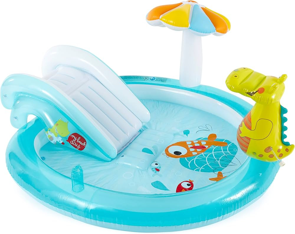 Intex 57165EP Gator 6.6ft x 5.6ft x 4in Outdoor Inflatable Kiddie Pool Water Play Center with Sli... | Amazon (US)