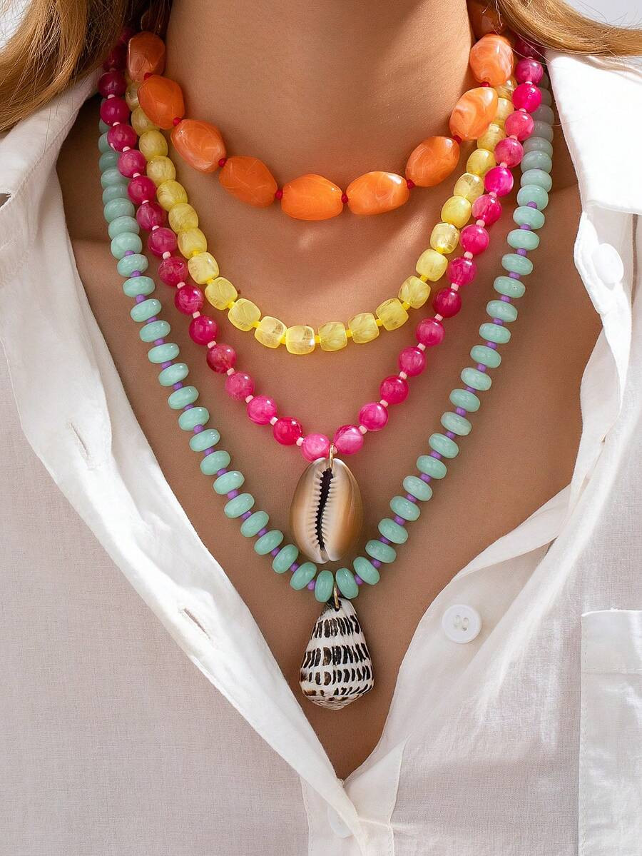 1pc Summer Tropical Layered Resin Bead Necklace For Women - Colorful Beaded Necklace With Natural... | SHEIN