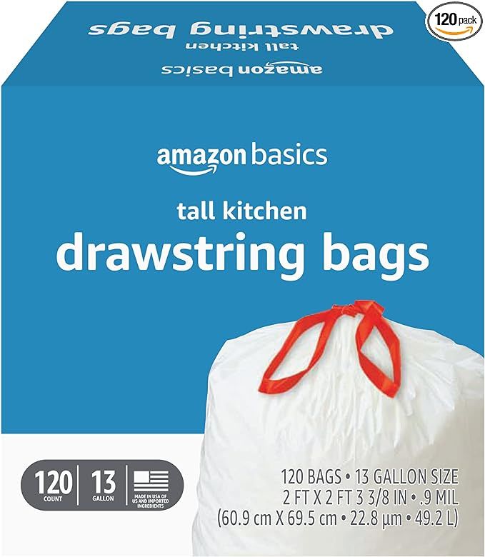 Amazon Basics Tall Kitchen Drawstring Trash Bags, 13 Gallon, 120 Count | Amazon (US)