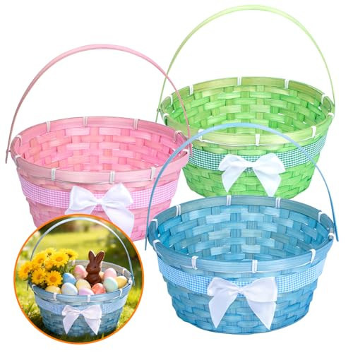 3 PCS Easter Bamboo Baskets Gift with Bow Ribbon and Handle, Woven Easter Eggs Hunting Bucket, Wicker Candy Toys Storage BucketBaskets with Handle for Picnic, Party Favors | Amazon (US)