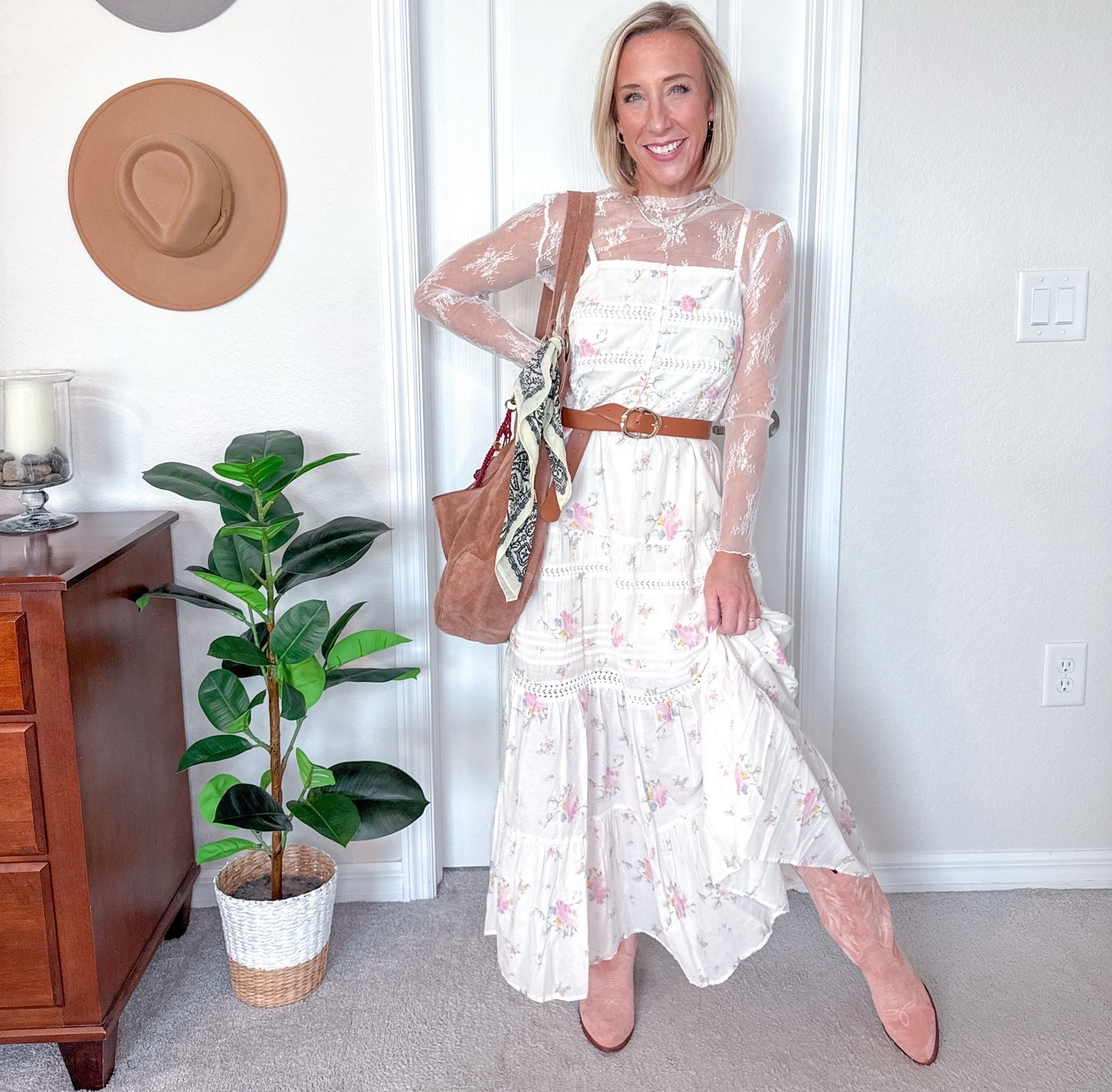 One Dress - 6 outfits: Floral Lace Maxi A-Line Dress - size XS. Lace Mesh Top - size small. // Boots - size up a ½.

#LTKOver40#LTKSeasonal 

 