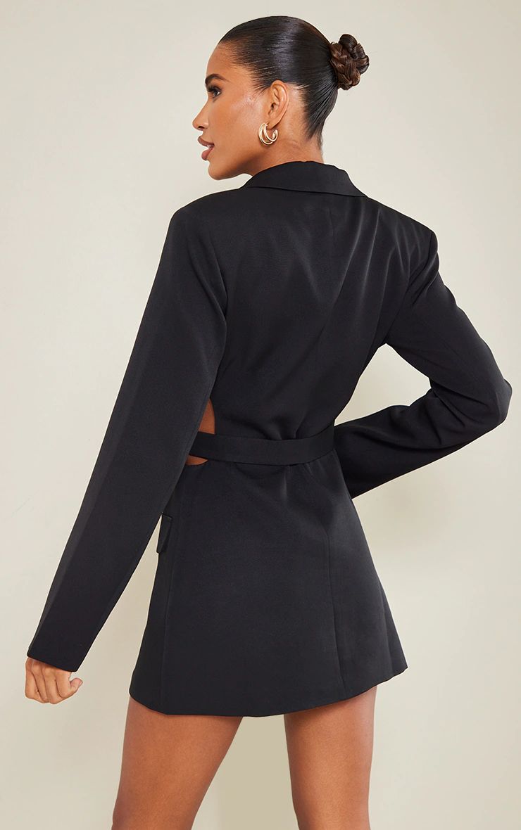 Black Plunge Side Cut Out Tie Detail Blazer Dress | PrettyLittleThing US