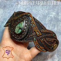Tooled Leather Cuff Bracelet With Turquoise-Chrsyocolla Cabochon - Boho Jewelry By Gemsplusleather Gift For Her | Etsy (US)