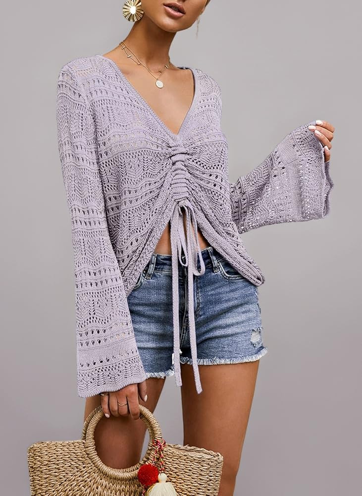 Saodimallsu Damen Pullover Flowy Oversized Langarm Fr\u00fchling Sommer Strickpullover V-Ausschni... | Amazon (DE)