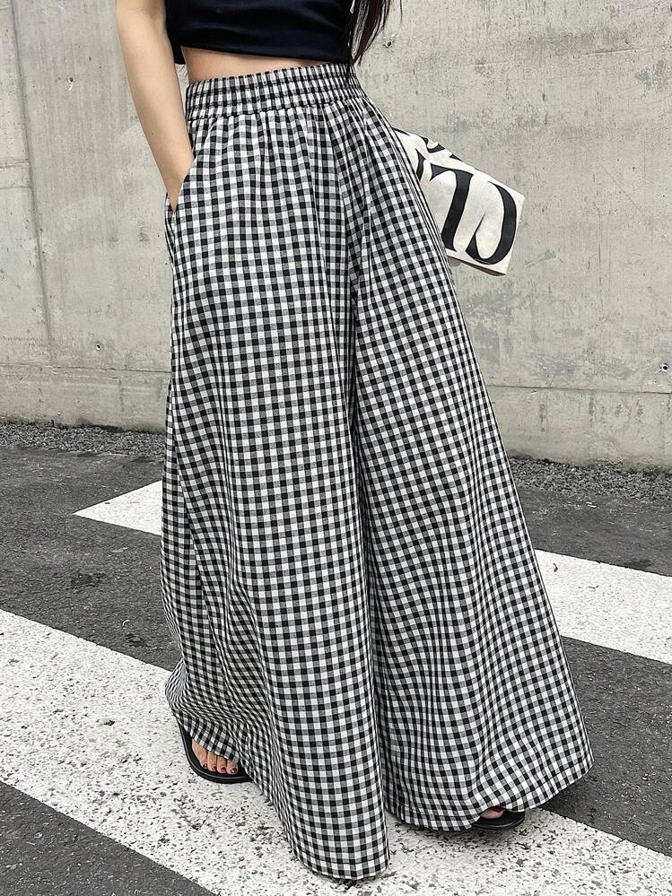 DAZY Spring And Summer Checked High Waist Wide Leg Pants With Elastic Waistband | SHEIN