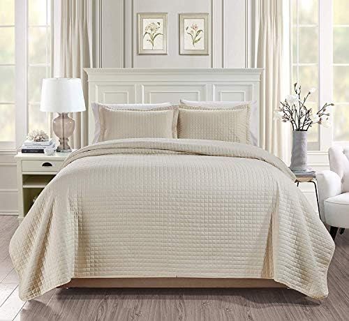 Chezmoi Collection 3-Piece Solid Modern Quilted Bedspread Coverlet Set (Queen, Ivory) | Amazon (US)