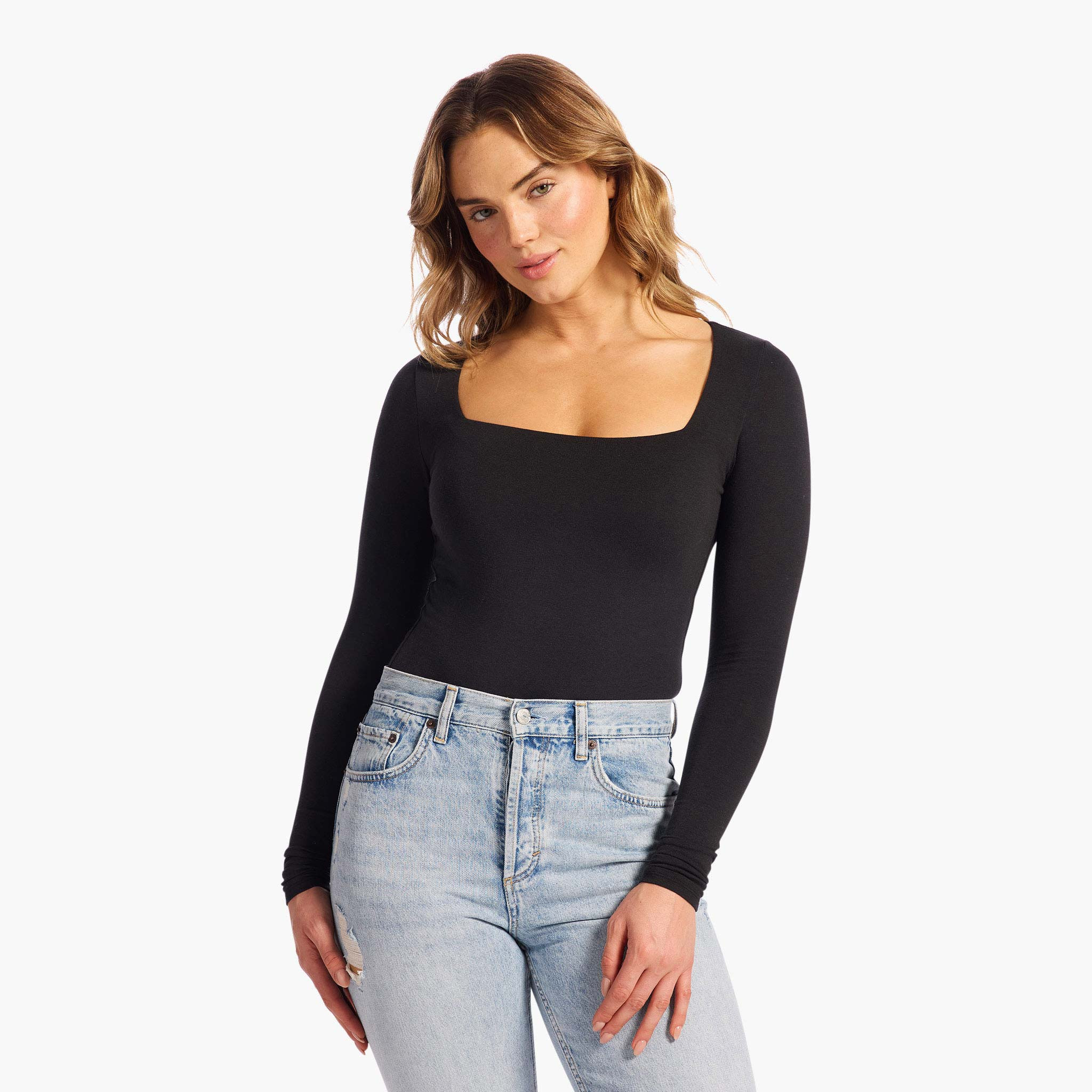 Cotton Stretch Long Sleeve Square Neck Bodysuit | Black | Nuuds US