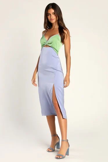 Perfect Pairing Light Blue Colorblock Satin Cutout Midi Dress | Lulus