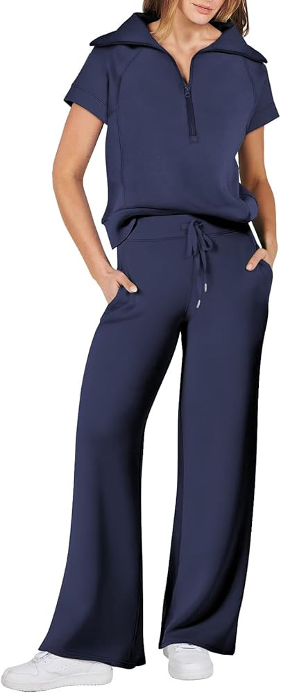 ANRABESS Women 2 Piece Outfits Sweatsuit Summer Half Zip Sweatshirt Wide Leg Pant Sweat Lounge Se... | Amazon (US)