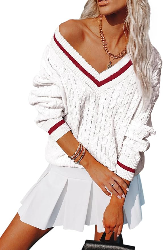 Womens V Neck Oversized Sweaters Long Sleeve Cable Knit Pullover Striped Chunky Sweater Casual Te... | Amazon (US)