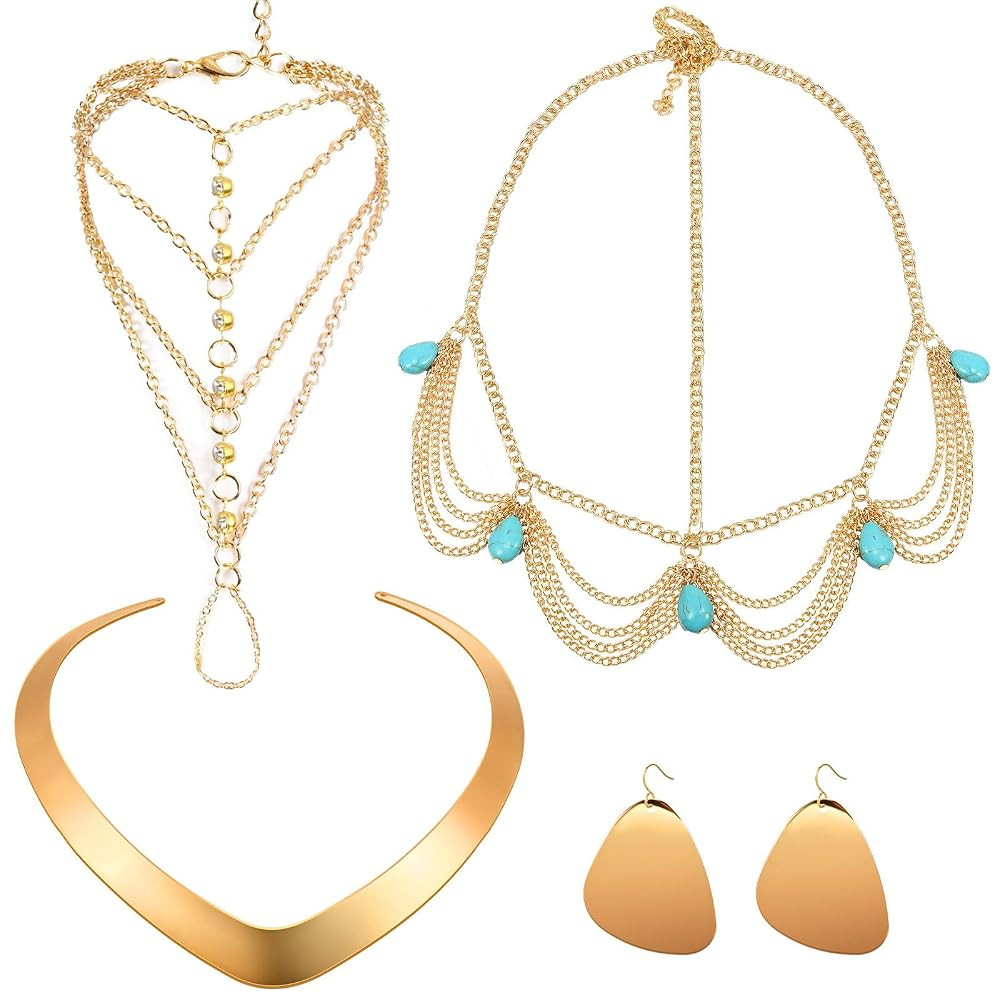Princess Jasmine Costume Accessories Gold Choker Necklace Earring Tassel Bracelet Head Chain Hall... | Amazon (US)