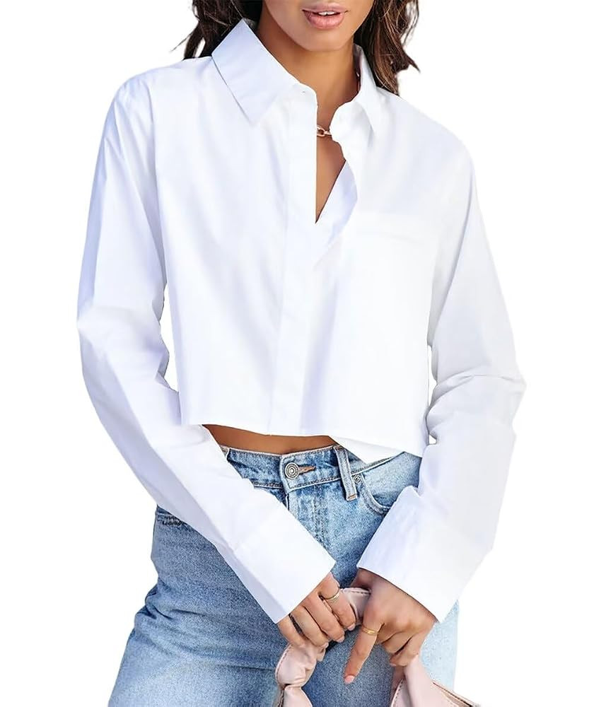 BONITEE Women Cropped Button Down Shirts 2025 Fall Trendy Casual Long Sleeve Crop Blouses Summer ... | Amazon (US)