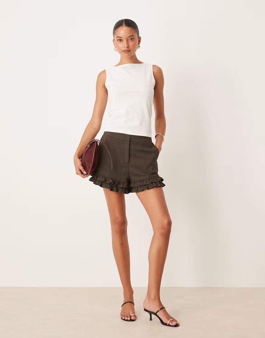 ASOS DESIGN tailored ruffle hem shorts in brown herringbone | ASOS (Global)