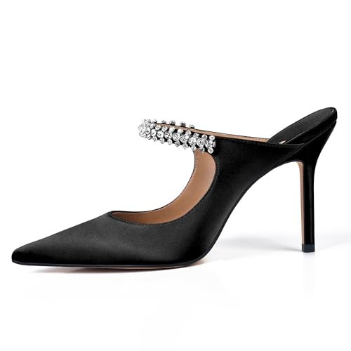 XINIUNIU Rhinestone Satin Mules Heels Women Crystal Pointed Toe Slip On 4 In Stiletto Black Closed Toe Sandals Dress Wedding Pump Shoes Size 8.5 | Amazon (US)