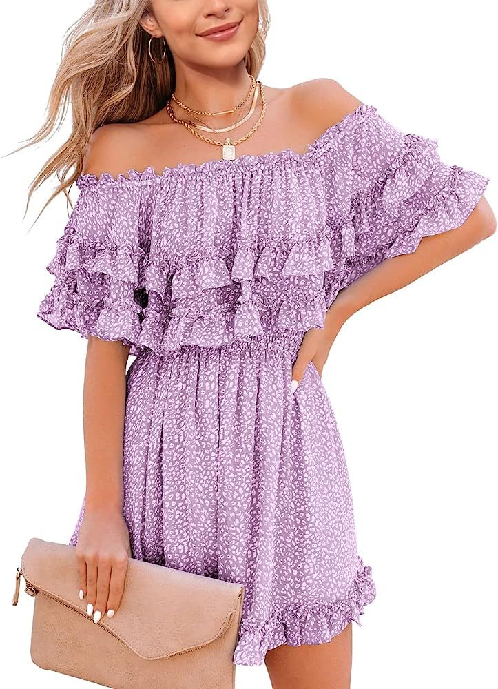 Fazortev Womens Flowy Off Shoulder Dress Summer Ruffle Smocked Casual Square Neck Elastic Waist M... | Amazon (US)