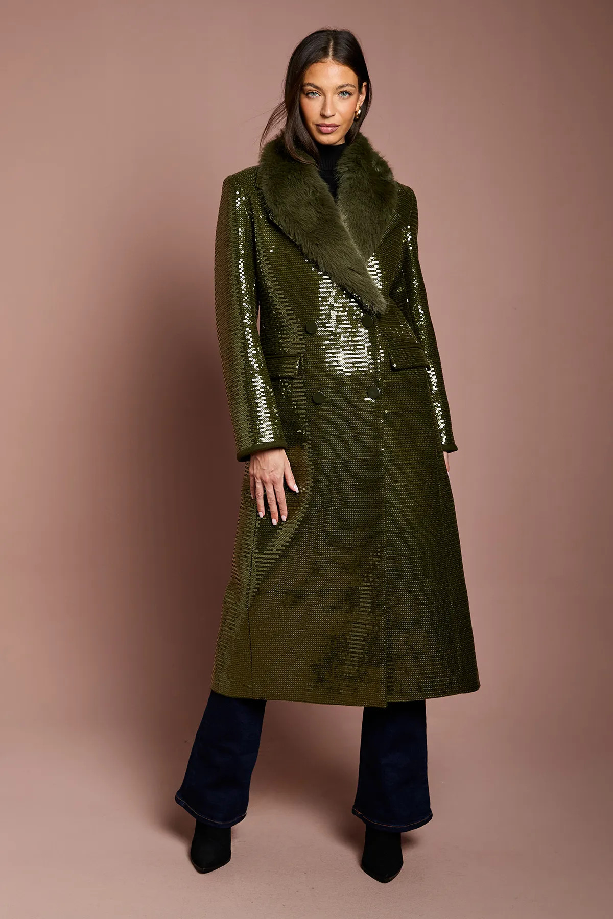 Jackets & Coats | Faux Fur Collar Sequin Longline Coat | Coast | Coast UK & IE