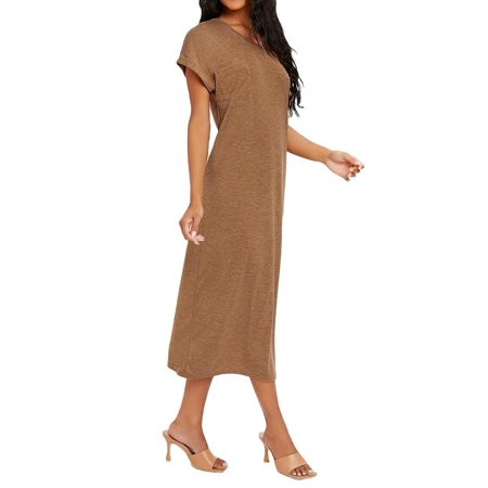 Women Dresses Casual Solid V neck Tee Dress Mocha Brown XS | Walmart (US)
