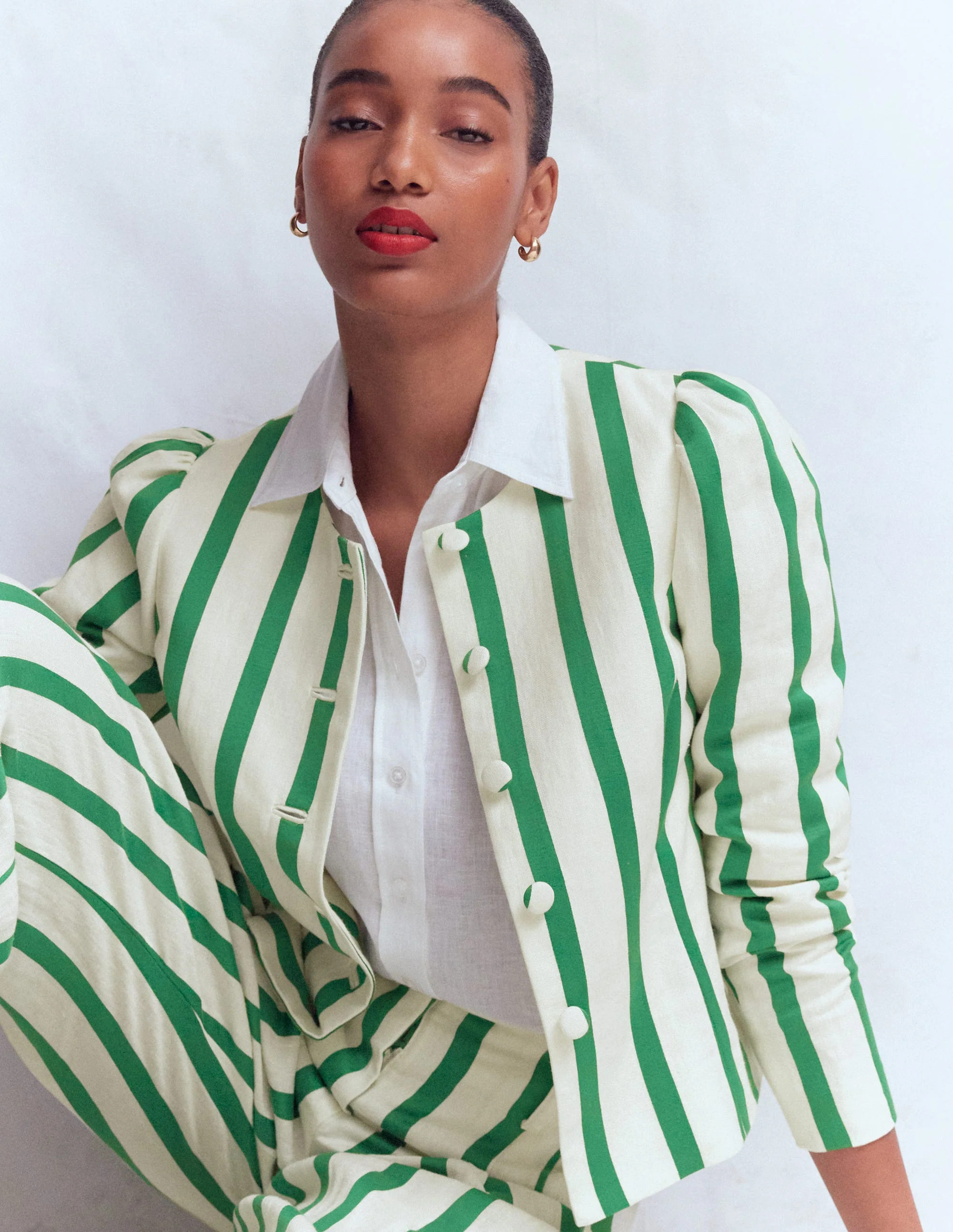 Salisbury Puff Sleeve Jacket-Ivory, Fresh Green Stripe | Boden UK