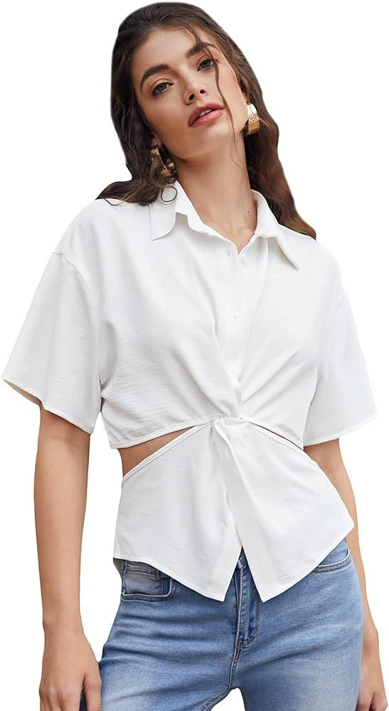 Milumia Women's Twist Front Button Front Cut Out Blouse Collared Short Sleeve Shirt Top White X-Smal | Amazon (US)