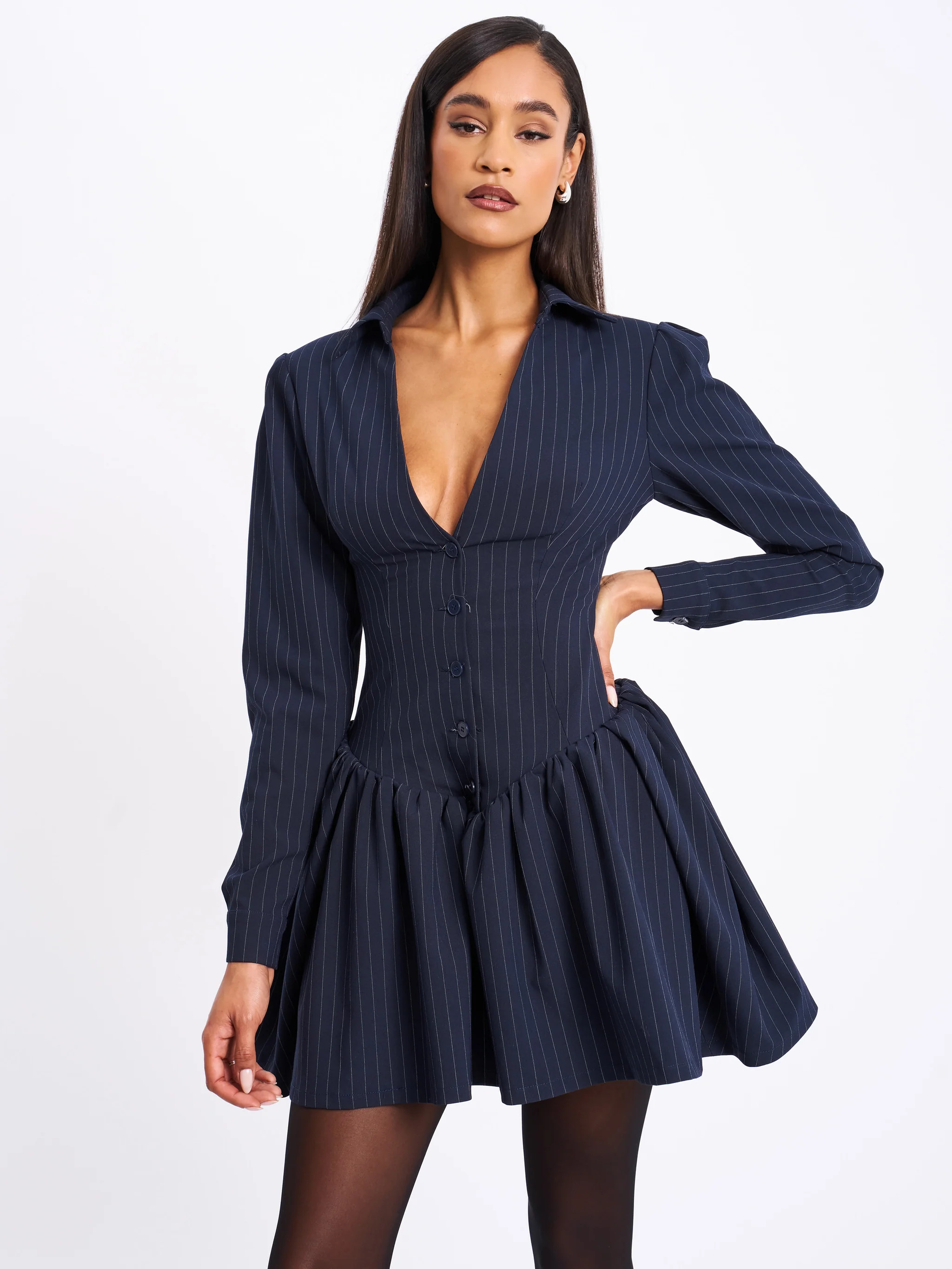Xabrina Navyblue Pinstripe Long Sleeve Shirt Mini Dress | Miss Circle