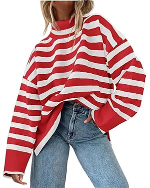 AGSEEM Fall Sweaters for Women Pullover Long Sleeve Turtleneck Striped Cable Knit Side Slit Tops ... | Amazon (US)